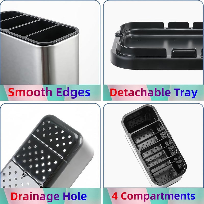 LIBODOUR Utensil Holder,Stainless Steel Caddy Counter,Spoon holder,4 Compartments Silverware Caddy,Capacity Flatware Spoon Fork Tool Cutlery Holder - Image 4